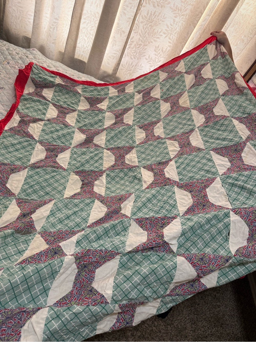 Handcrafted Quilt Top in Teal, White and Red